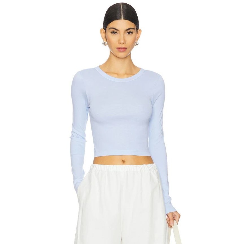 ENZA COSTA Supima Baby Rib Long Sleeve Cropped Top Womens Small Blue Crew Tee